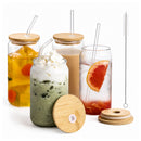 Vasos de Vidrio Transparentes con Popote de Vidrio Ecomlab Tapa de Bambú Juego de 4 Piezas
