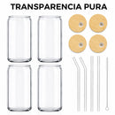 Vasos de Vidrio Transparentes con Popote de Vidrio Ecomlab Tapa de Bambú Juego de 4 Piezas