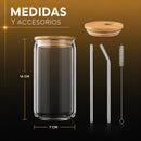 Vasos de Vidrio Transparentes con Popote de Vidrio Ecomlab Tapa de Bambú Juego de 4 Piezas