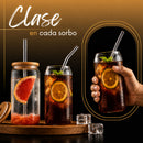 Vasos de Vidrio Transparentes con Popote de Vidrio Ecomlab Tapa de Bambú Juego de 4 Piezas