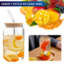 VASOS DE VIDRIO CON POPOTE ECOMLAB TAPA BAMBU JUEGO DE 4 Pcs