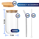 VASOS DE VIDRIO CON POPOTE ECOMLAB TAPA BAMBU JUEGO DE 4 Pcs