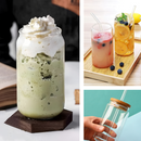 VASOS DE VIDRIO CON POPOTE ECOMLAB TAPA BAMBU JUEGO DE 4 Pcs