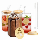 VASOS DE VIDRIO CON POPOTE ECOMLAB TAPA BAMBU JUEGO DE 4 Pcs