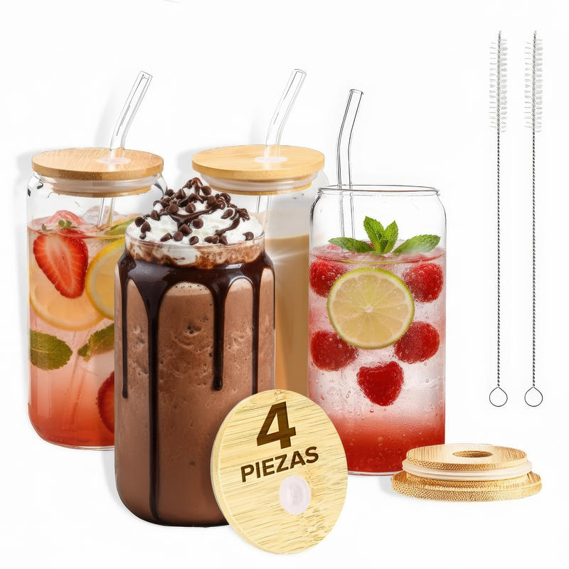 VASOS DE VIDRIO CON POPOTE ECOMLAB TAPA BAMBU JUEGO DE 4 Pcs