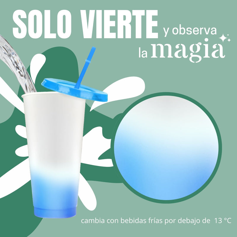 Vasos Con Tapa y Popote Cambian de Color Ecomlab Pack 10 Pcs